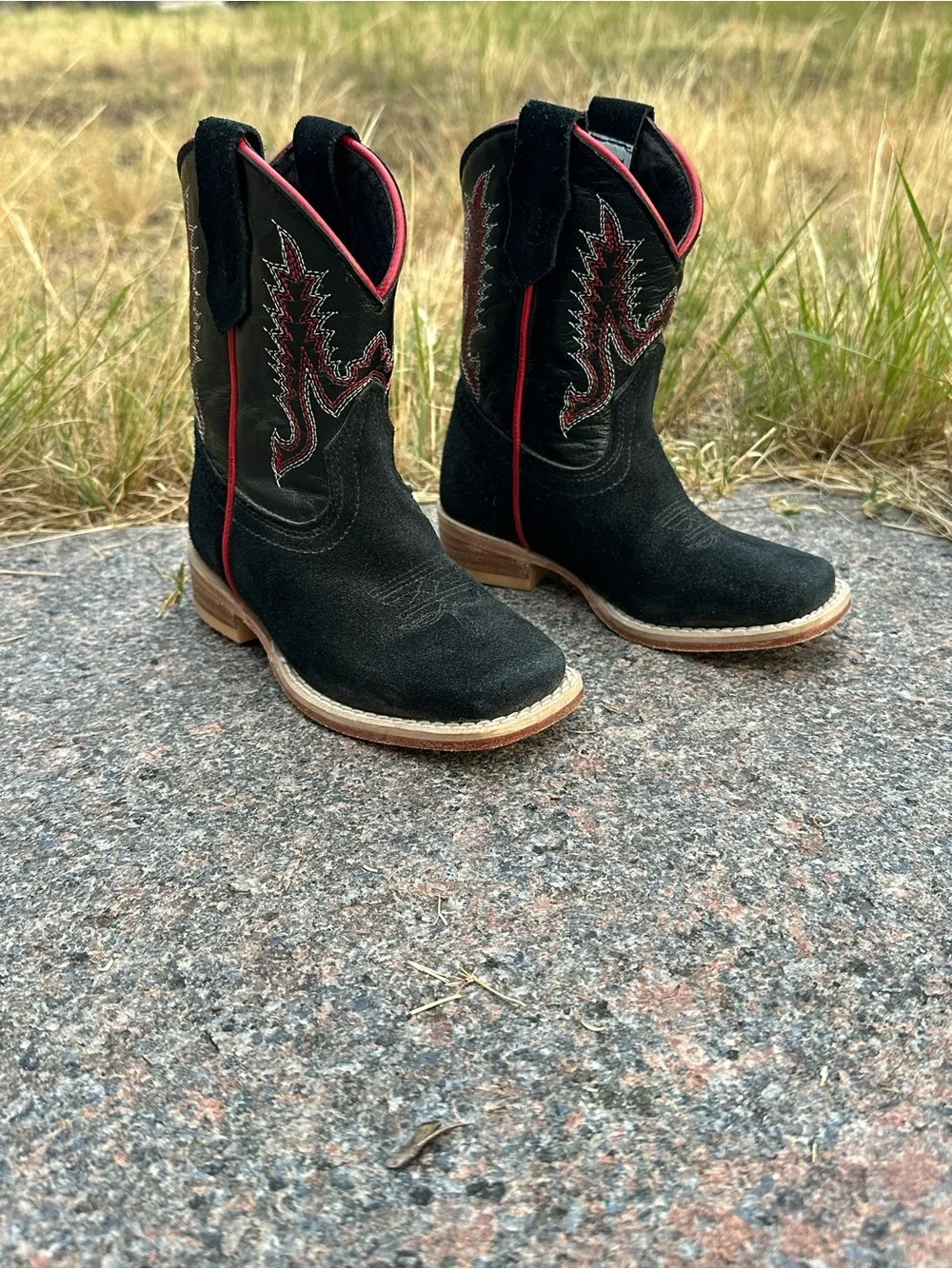 Kids Black Suede Western Boots with Red Trim